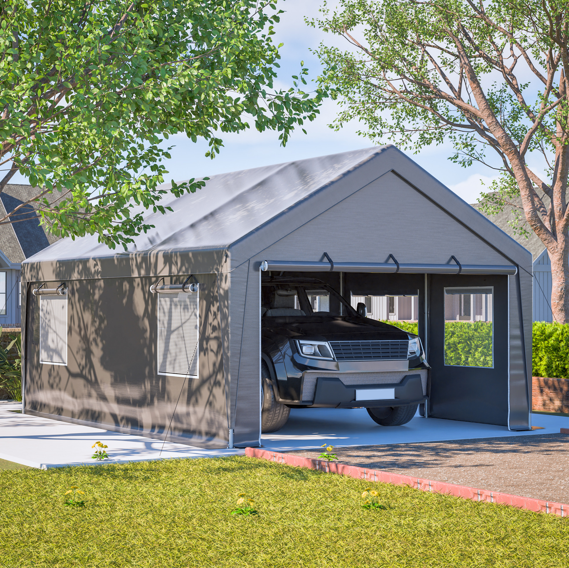 Garage-zelt 611 X 396 X 300 Cm Grau Aus Verzinktem Stahl Mit Pe-plane Und Fenstern