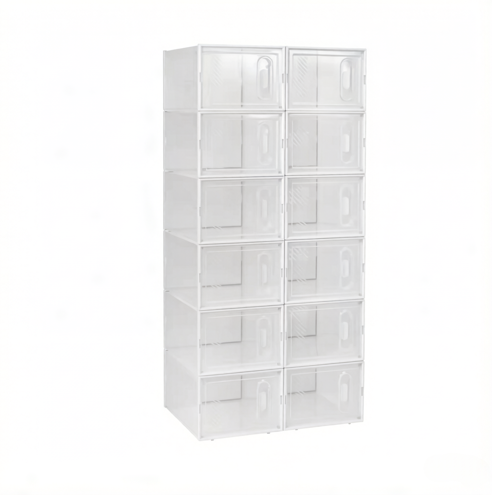 Modularer Stapelbarer Schuhschrank Aus Transparentem Und Weißem Kunststoff, 12 Boxen