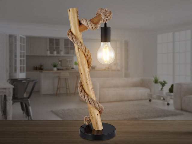 Led Tischleuchte mit Hanfseil und Holzstab, Höhe 53,5cm