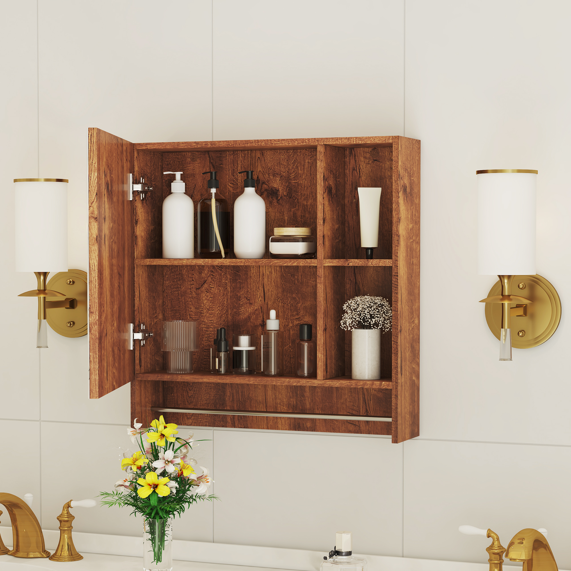Badezimmer Spiegelschrank Mit Spiegel Und Offenen Regalfächern, Wandmontage, Für Bad, Mdf, Nussbaum