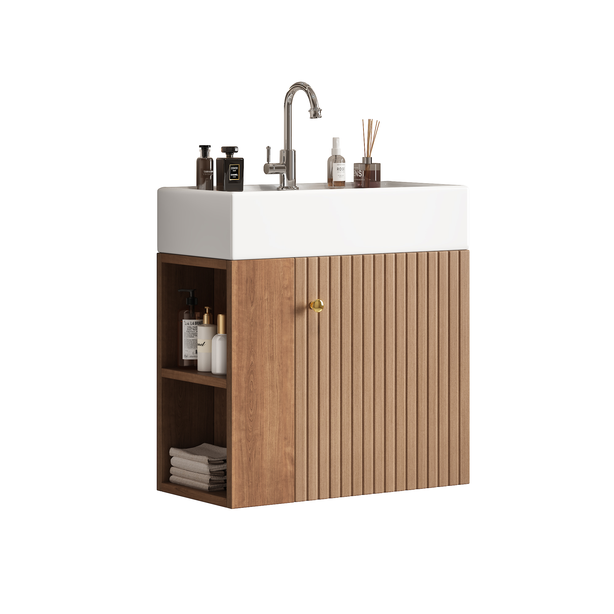 Waschbeckenunterschrank Mit Stauraum Und Seitlichen Ablagen, Keramikwaschbecken Und Metallgriffen Für Bad, Mdf Braun