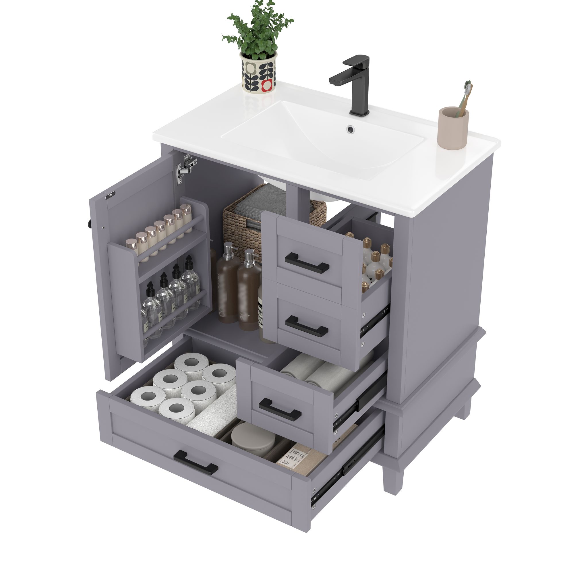 Waschtischunterschrank Mit 3 Schubladen Und Integriertem Keramikbecken, Freistehend Für Badezimmer, Grau 76×46×83,5 Cm