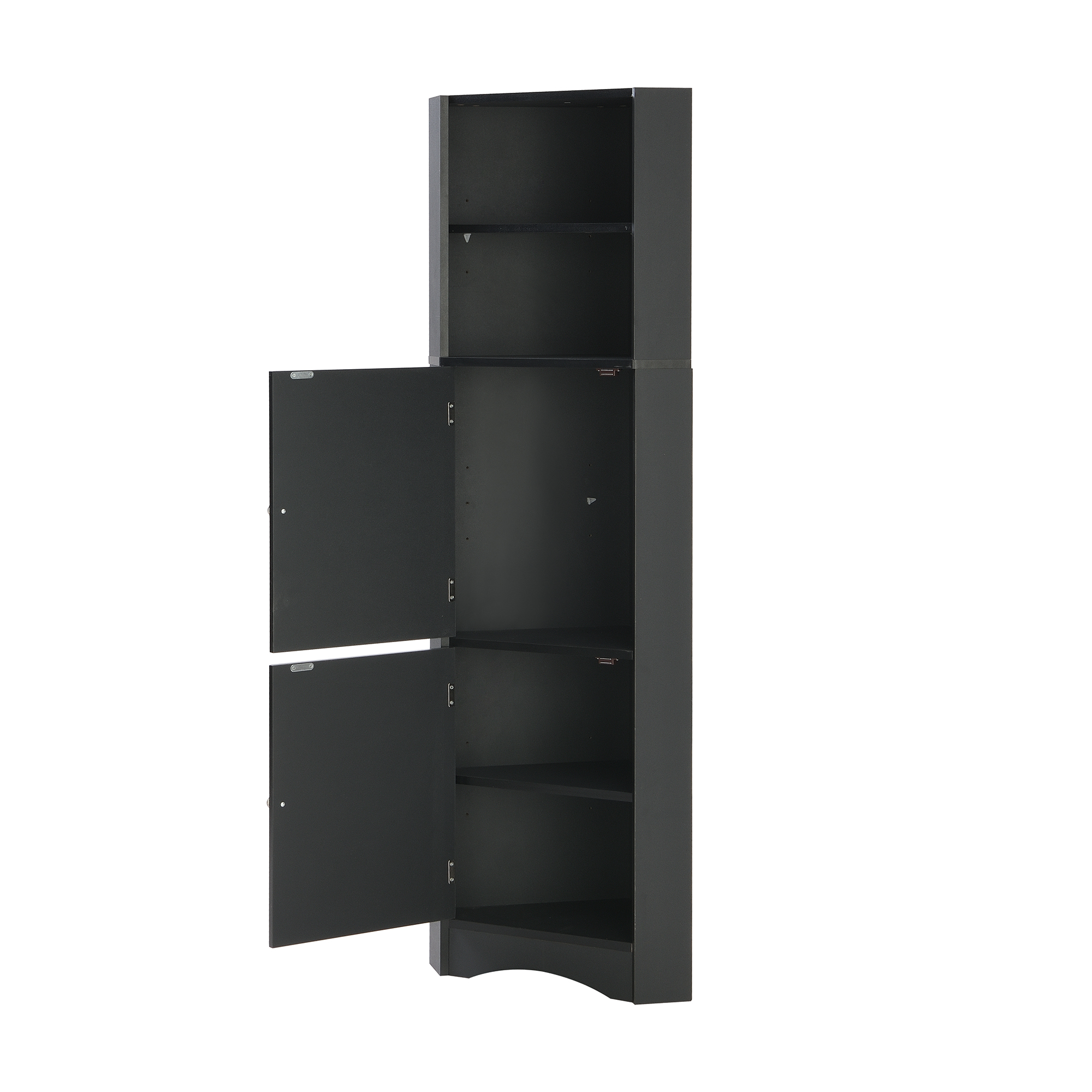Badschrank Eckschrank Mit 1 Tür, 2 Offenen Fächern Und Verstellbarem Einlegeboden, Schwarz, 36.5 × 36.5 × 155 Cm