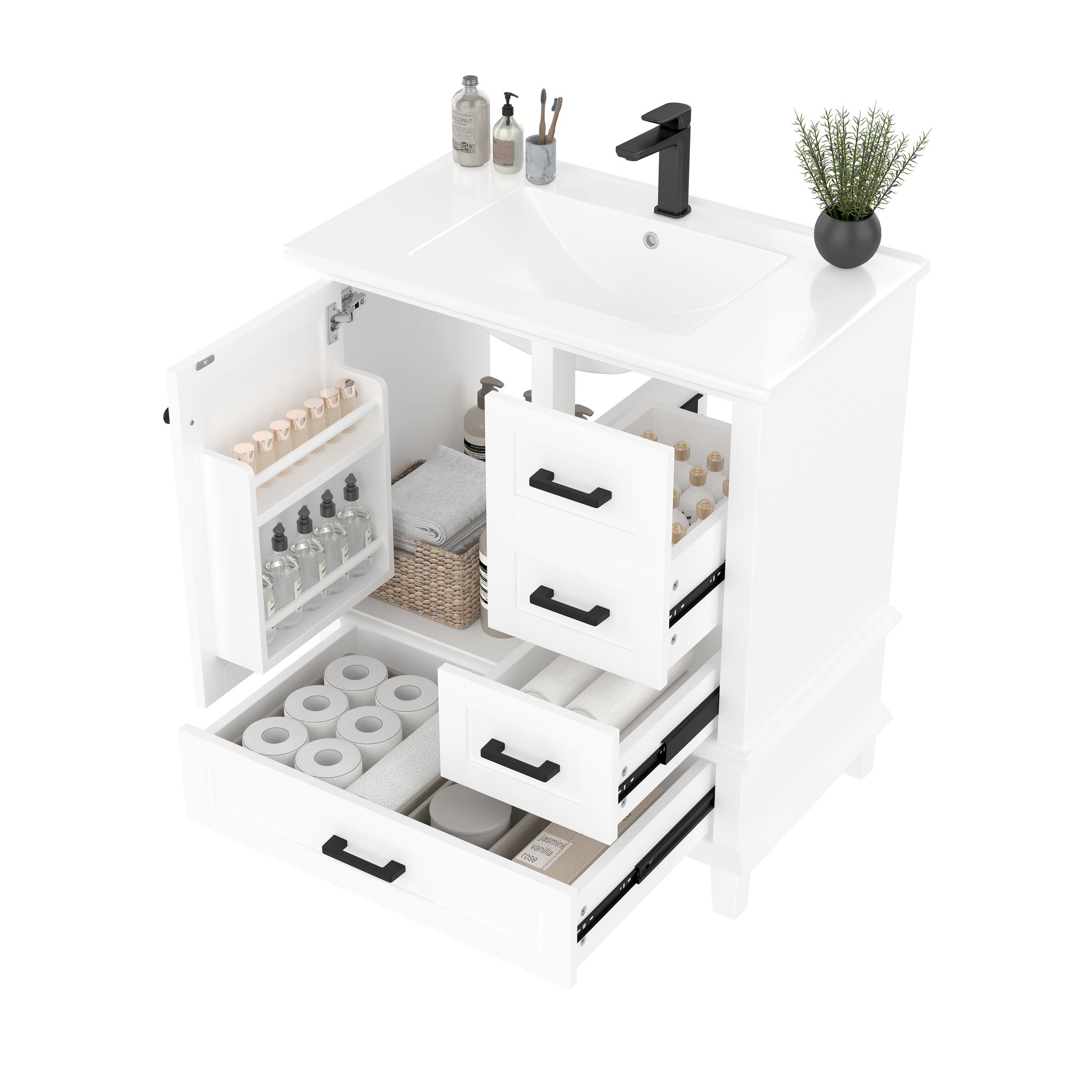 Waschbeckenunterschrank Mit 1 Tür, 3 Schubladen, Keramikwaschbecken, Modernes Design, Mdf Weiß, 76 × 46 × 83.5 Cm