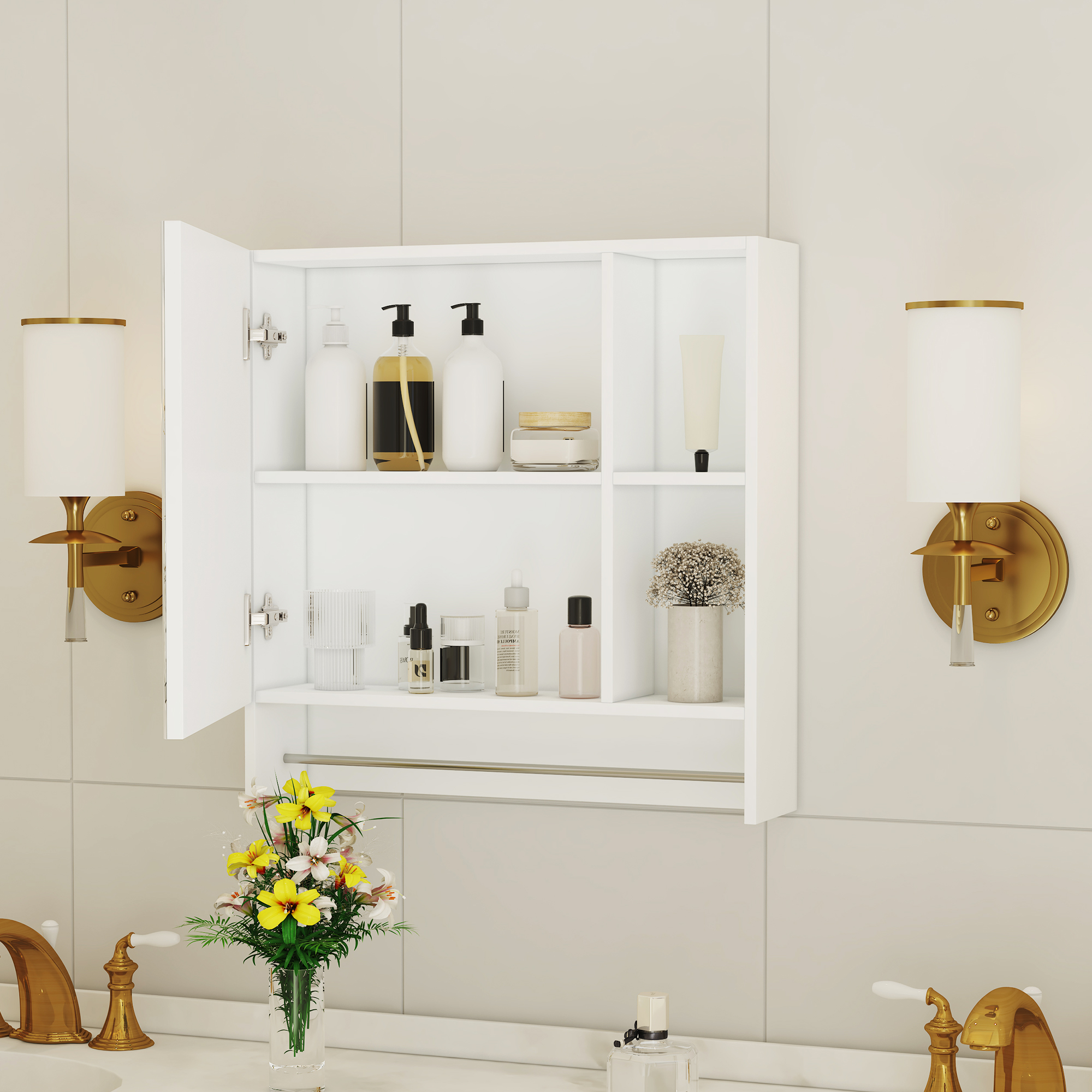 Spiegelschrank Bad Mit Spiegel Und Offenen Ablagefächern, Wandmontage, Für Kleines Badezimmer, Weiß