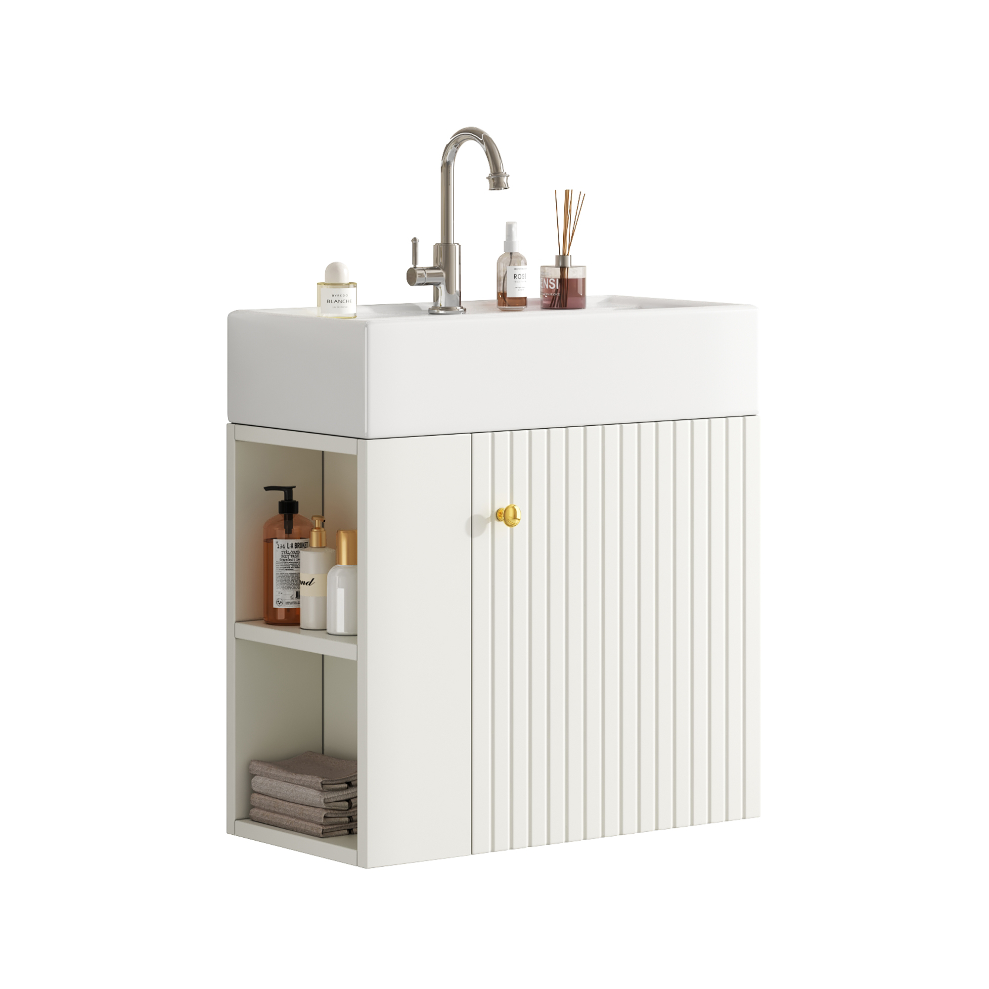 Waschbeckenunterschrank Mit Schrankfach Und Seitenablagen, Softclose, Integriertem Waschbecken, Für Bad, Weiß
