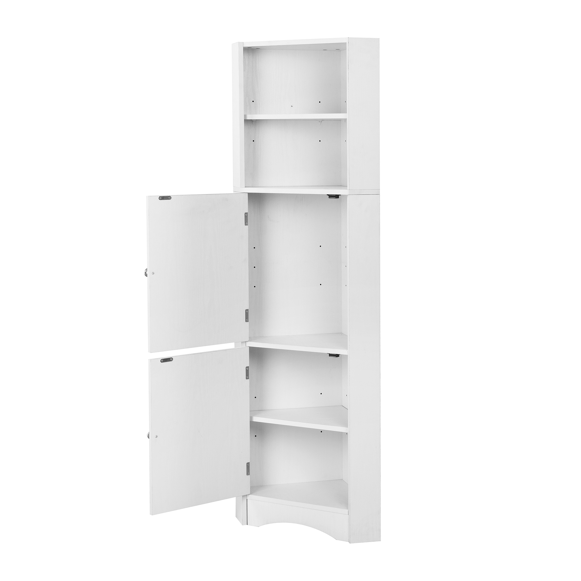 Badschrank Eckschrank Mit 2 Offenen Fächern Und Verstellbarem Einlegeboden, Kippschutz, Weiß, 36.5 × 36.5 × 155 Cm