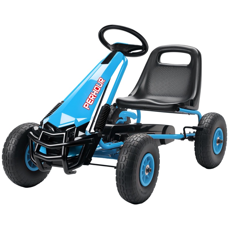 Kinder-tretkart, Outdoor-rennwagen Für 3–8 Jahre Mit Verstellbarem Sitz Und Eva-rädern, Robuster Stahlrahmen Und Handbremse, Blau