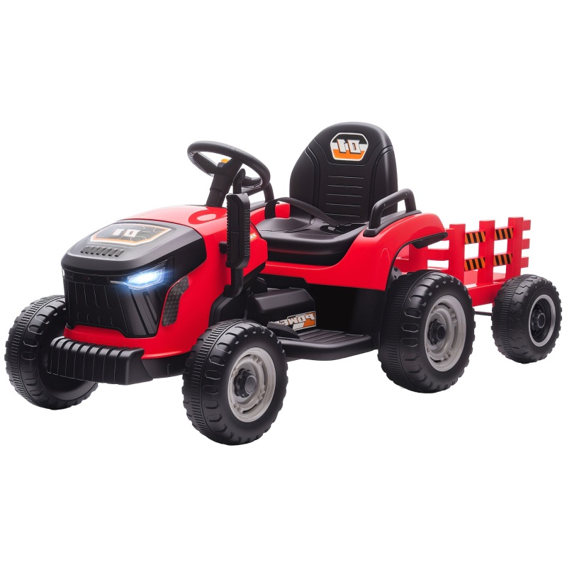 Kinder-elektrotraktor 12 V, Elektrofahrzeug Mit Abnehmbarem Anhänger Und Eltern-fernbedienung, 6 Räder, Musik Und Led-scheinwerfer, Rot