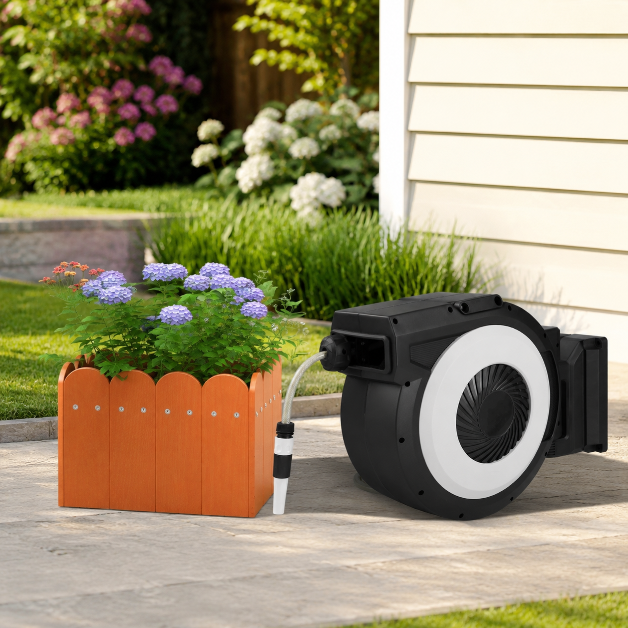Terrassen-bewässerungsset (2-teilig) – Einziehbare 30-m-gartenschlauchtrommel & Hdpe-pflanzkübel Für Den Außenbereich