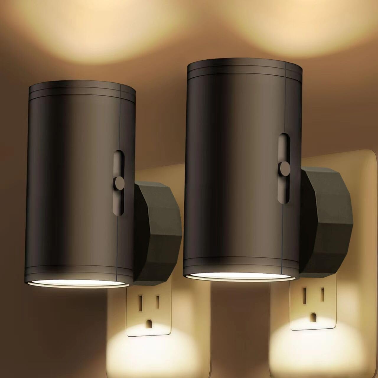 Zwei Led-nachtlichter Mit Stecker, Lichtsensor, Einstellbarer Helligkeit (5-300 Lumen), Warmweißem Licht, Dimmbar, Geeignet Für Küchen Und Badezimmer.