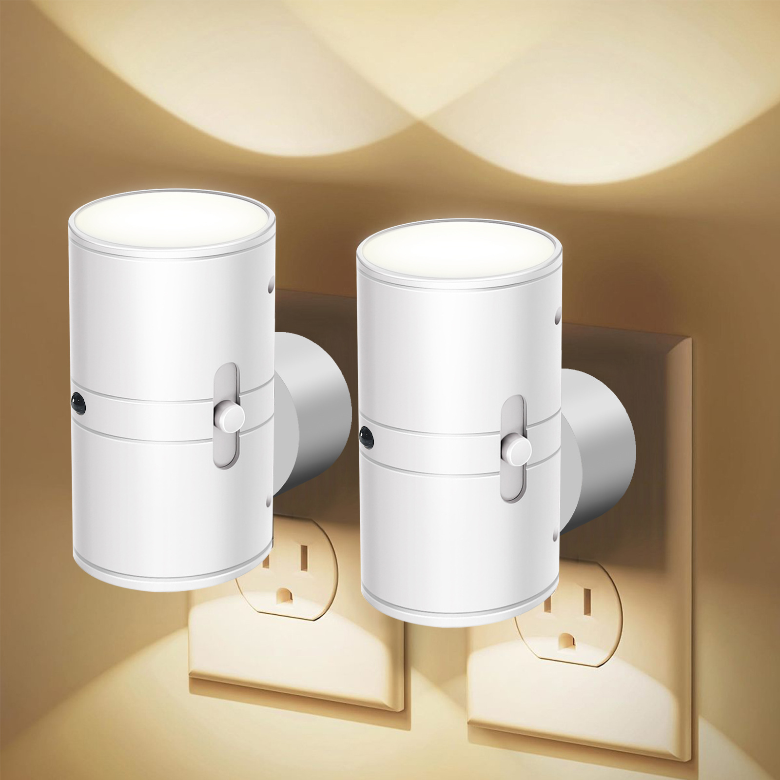 Zwei Led-nachtlichter Mit Stecker Und Lichtsensor, Einstellbare Helligkeit (5-300 Lumen), Warmweißes Licht, Geeignet Für Küchen Und Flure.