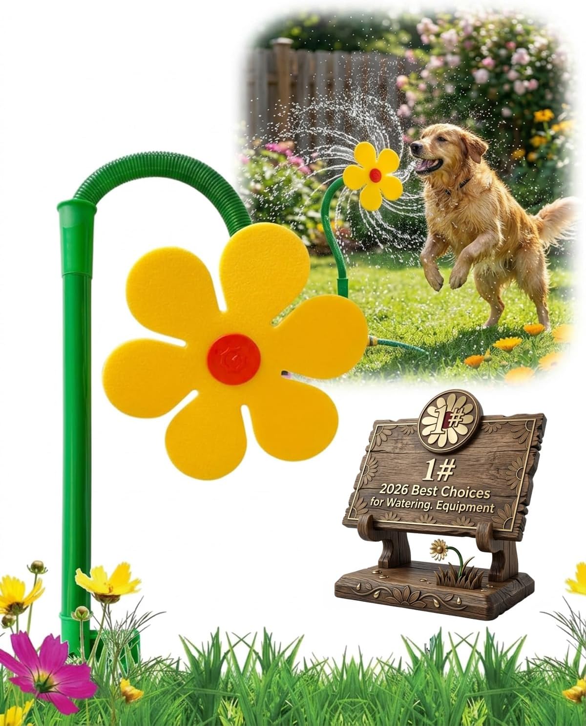Lustiges Wasserspielzeug Mit Sonnenblumen- Und Gänseblümchenmotiv, Ideal Für Terrasse Und Kinder, Inklusive Tanzendem Schlauch Und 360°-drehfunktion, Gelb