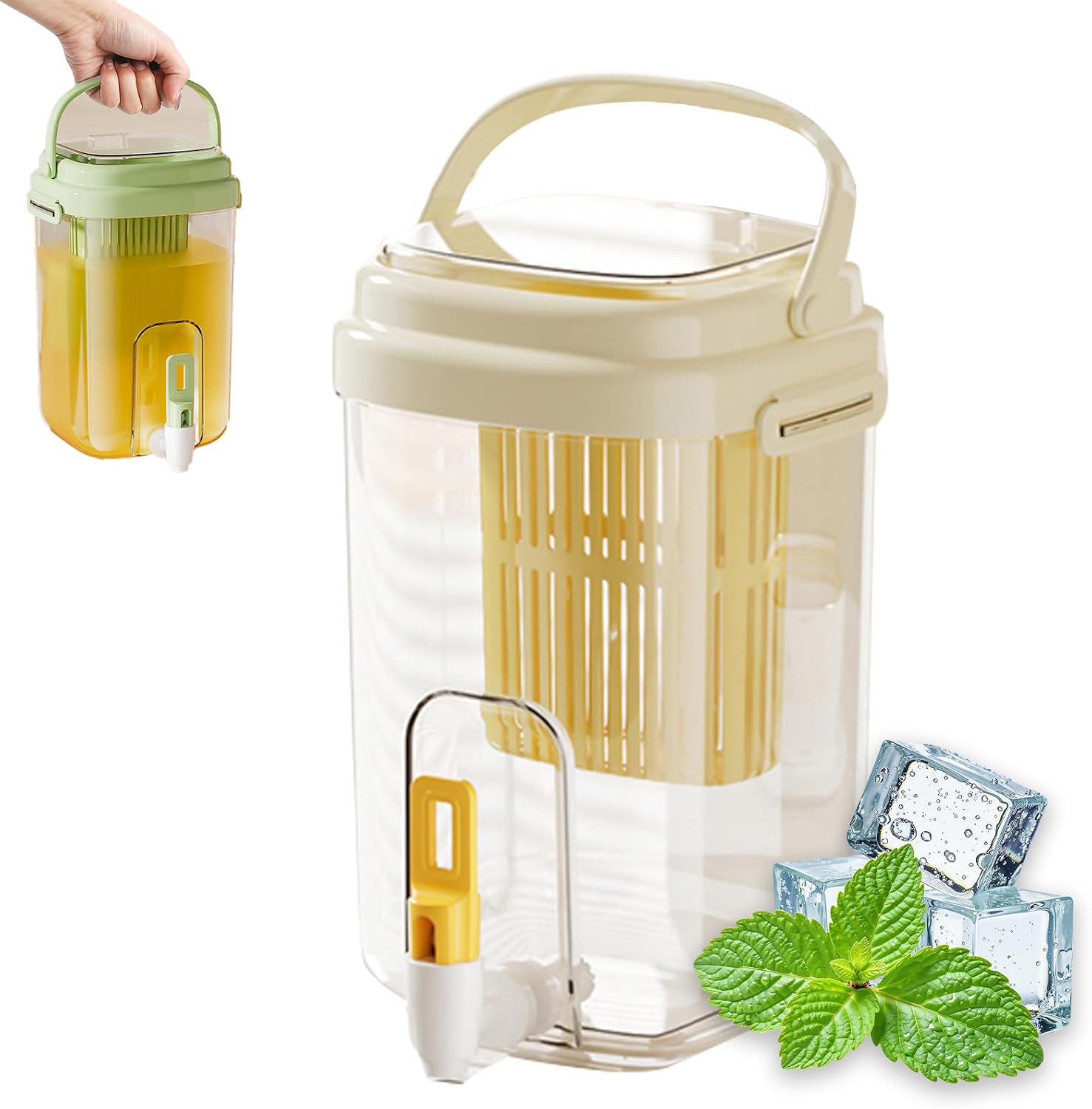 Ein Getränkespender Mit Zapfhahn, Ein Kaltwasserkrug Mit Filter Und Ein Hellgelber Getränkebehälter Zur Aufbewahrung Von Wasser, Limonade, Tee Und Saft.