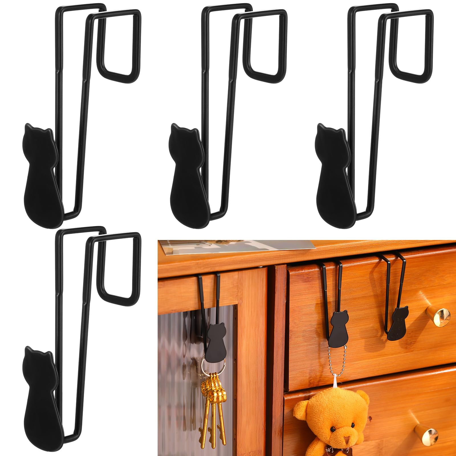 Set Mit Vier Katzenförmigen Türhaken, Ideal Zum Aufhängen Von Kleidung, Bügeleisen Oder Anderen Gegenständen. Das Schwarze, Dekorative Katzenmotiv Eignet Sich Perfekt Für Die Küche.