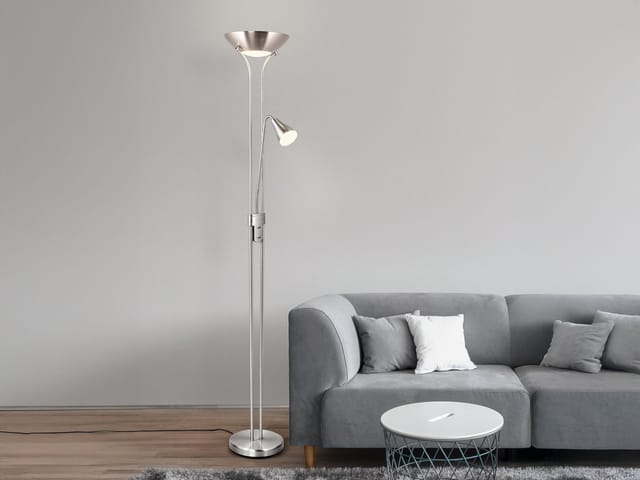 Klassischer LED Deckenfluter mit Leselampe in Silber matt, Höhe 181,5cm