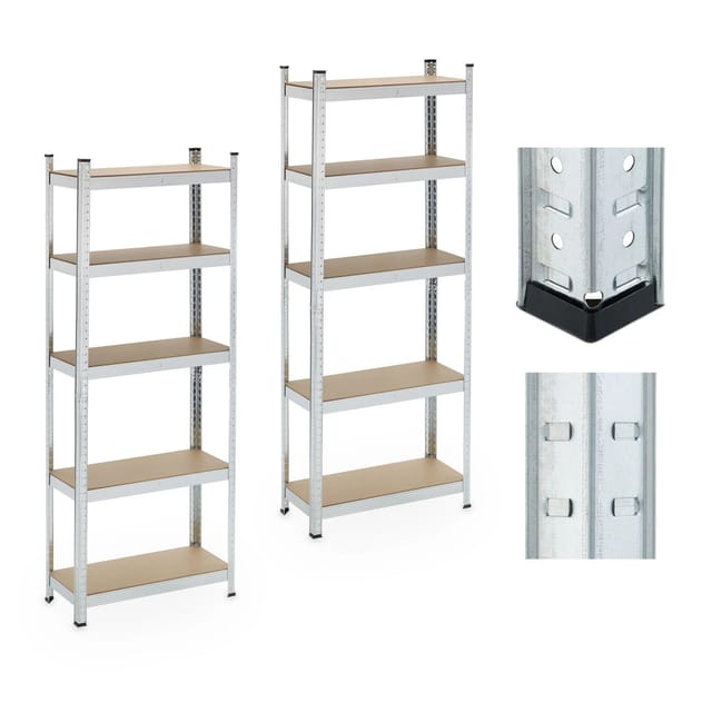 Schwerlastregal, 2er Set, 5 Ebenen, hbt 180x70x30 cm, bis 500 kg, Stahl, Lagerregal, Keller & Garage, silber - Relaxdays