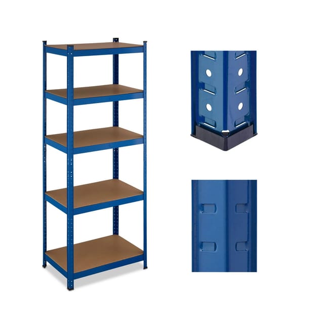 Schwerlastregal, hbt 180x70x45 cm, 500 kg, Stahl & mdf, 5 Ebenen, Lagerregal zum Stecken, Keller, Garage, blau - Relaxdays