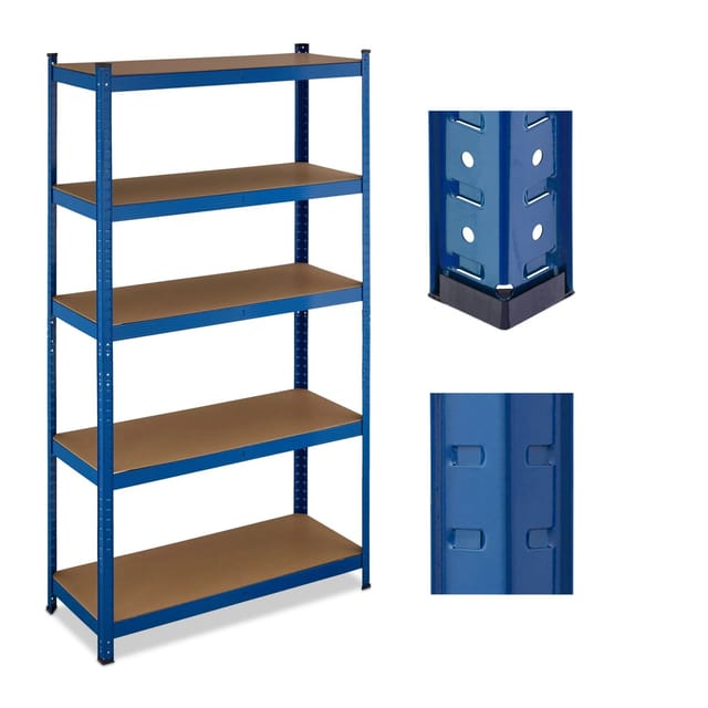 Schwerlastregal, 5 Ebenen, HxBxT: 180 x 100 x 40 cm, bis 500 kg, Stahl, Lagerregal für Keller & Garage, blau - Relaxdays