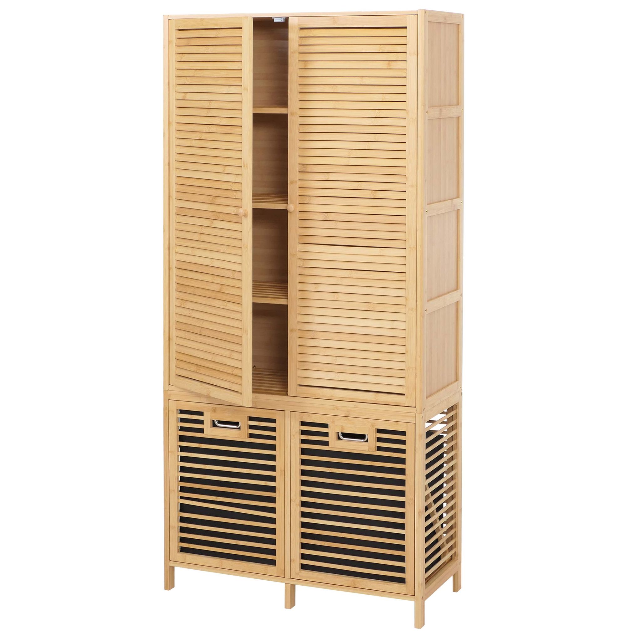 Bambus-badezimmerschrank Hhg-595, Badregal Schrank, 2 Wäschekörbe 2 Türen Mvg 68x82x34cm Natur, Korb Anthrazit
