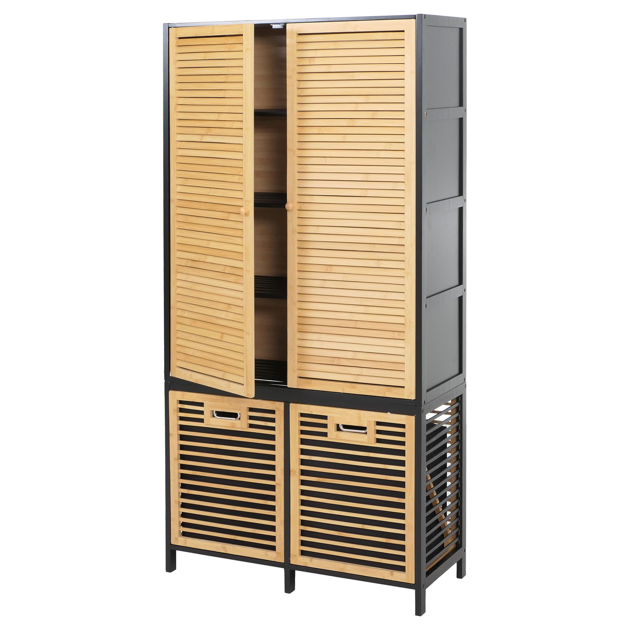 Bambus-badezimmerschrank Hhg-595, Badregal Schrank, 2 Wäschekörbe 2 Türen Mvg 68x82x34cm Natur-schwarz, Korb Anthrazit