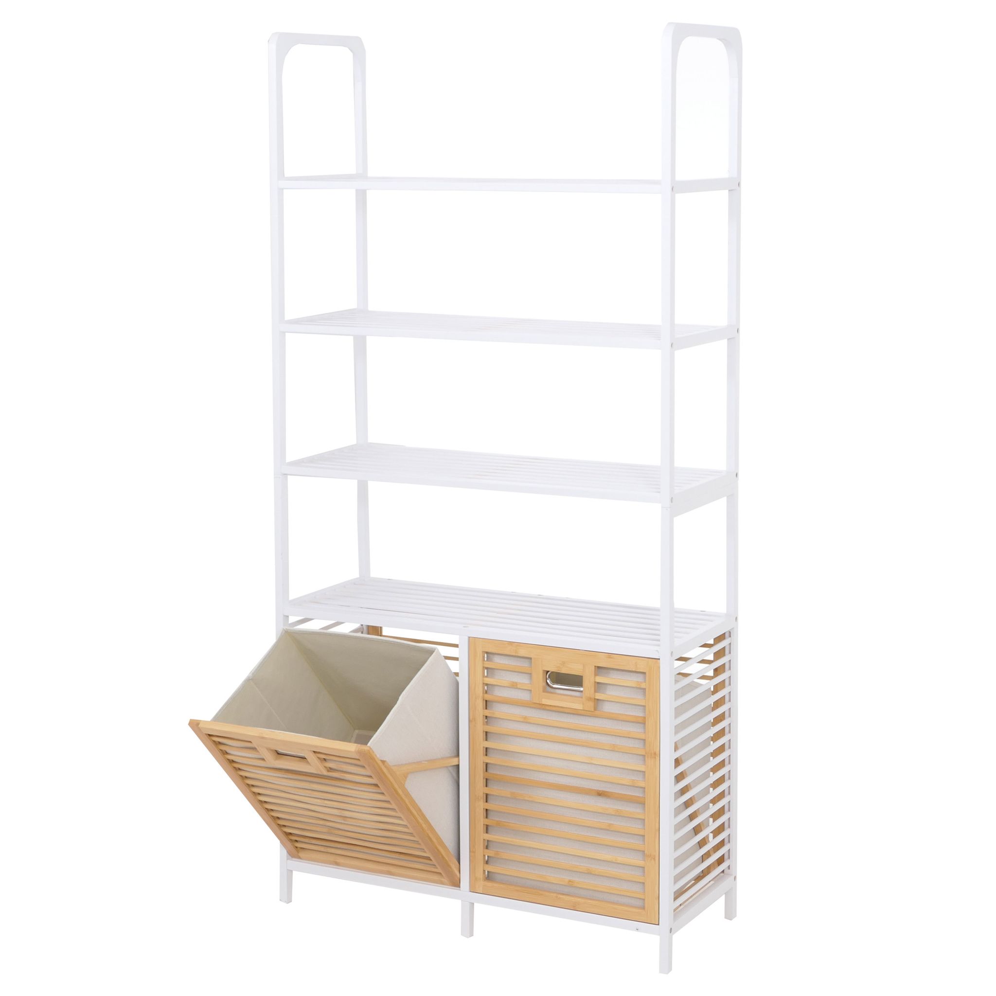 Bambus-badezimmerschrank Hhg-592, Regal Badschrank, 2 Wäschekörbe 4 Regalböden Mvg 168x81x33cm Natur-weiß, Korb Natur