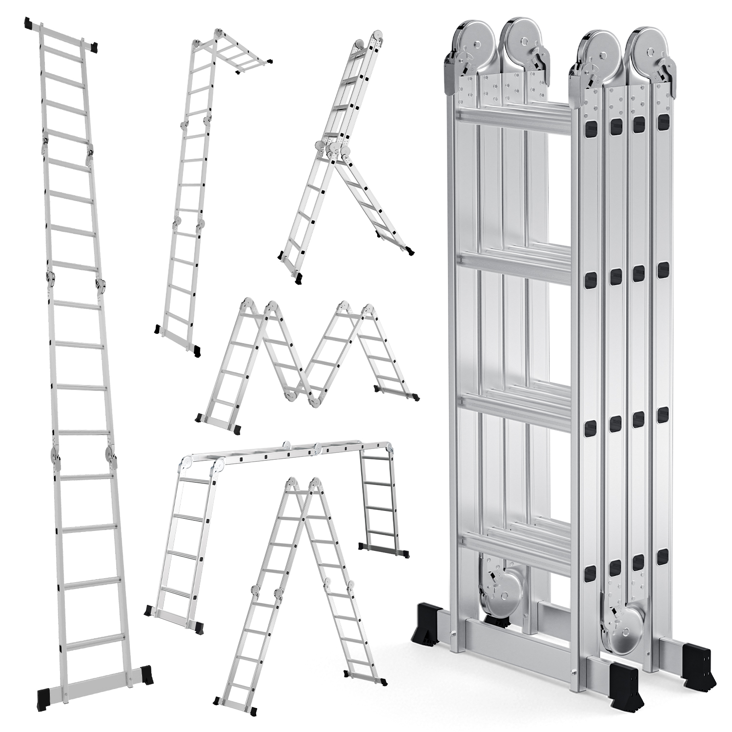 Jiubiaz Aluminium Mehrzweckleiter 7in1 4x4 Stufen, Ca. 470cm / 4.7m, Klappbare Gelenkleiter Für Haus & Werkstatt, Anlegeleiter, Max. Belastbarkeit 150 Kg