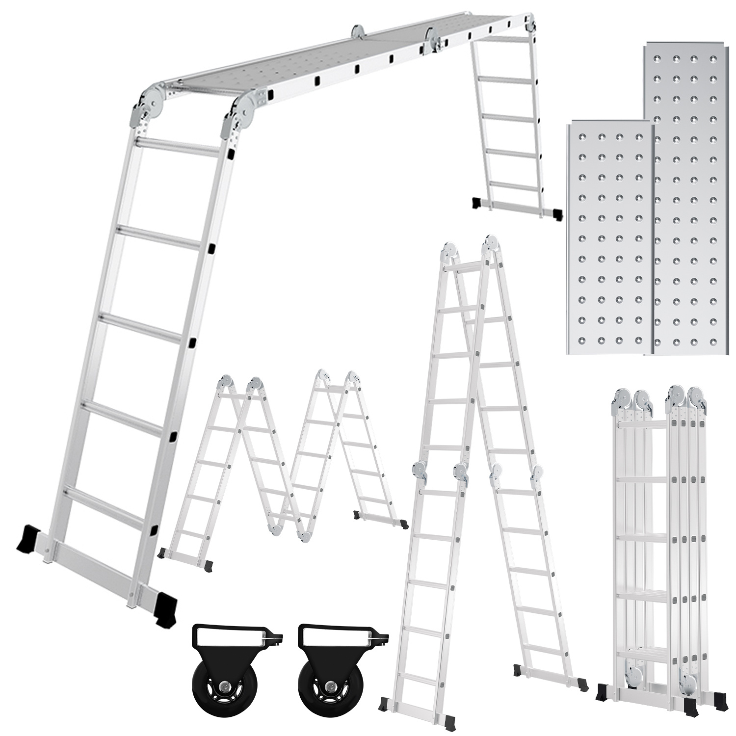 Jiubiaz Mehrzweckleiter 7in1 Aluminium 4x5 Stufen, Ca. 580cm / 5.8m, Gelenkleiter Klappleiter Mit 2 Plattformen + 2 Rollen, Max. Belastbarkeit 150 Kg