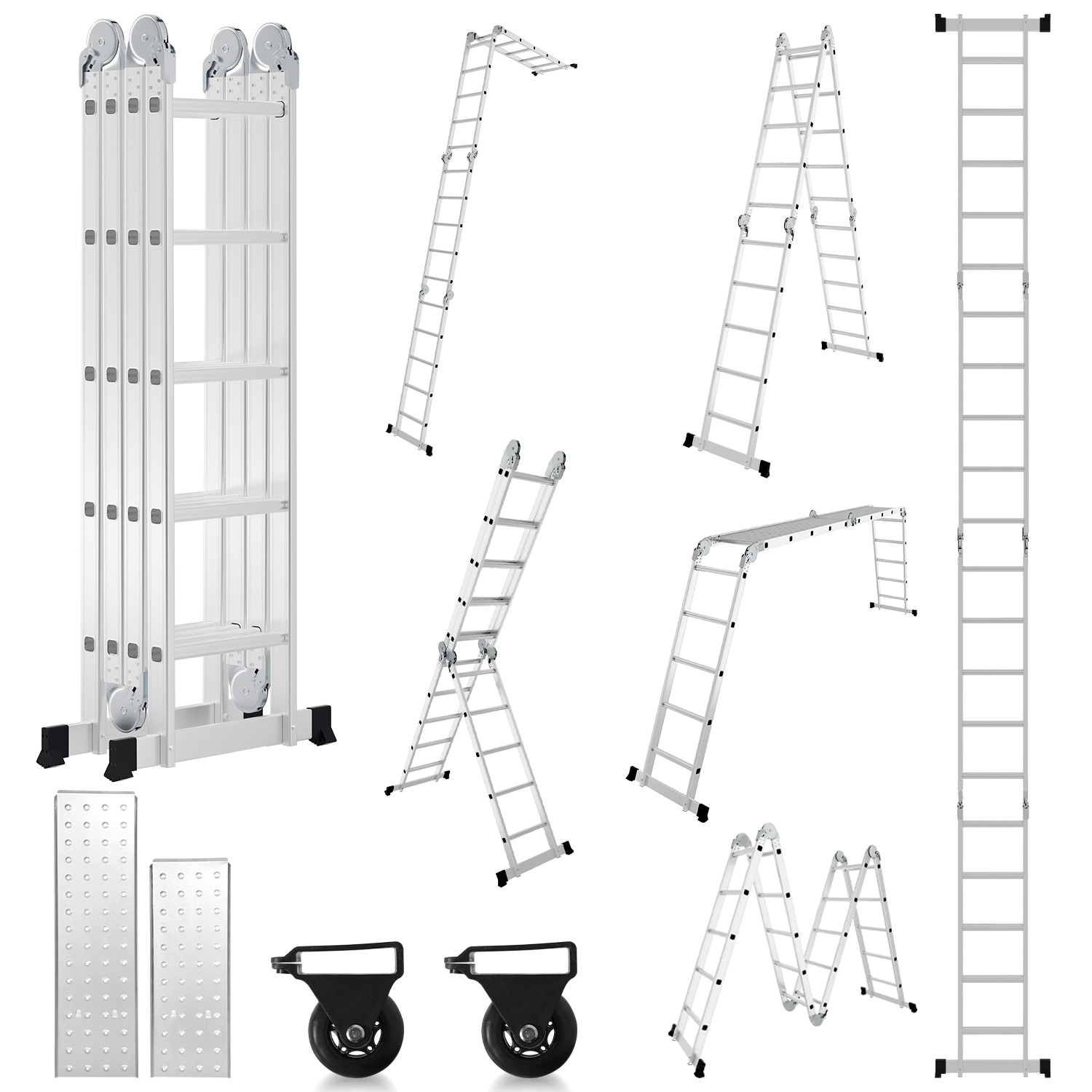 Jiubiaz 7in1 Alu Mehrzweckleiter 4x3 Stufen, Ca. 360cm / 3.6m, Gelenk- & Klappleiter Mit 2 Plattformen Und Transportrollen, Max. Belastbarkeit 150 Kg