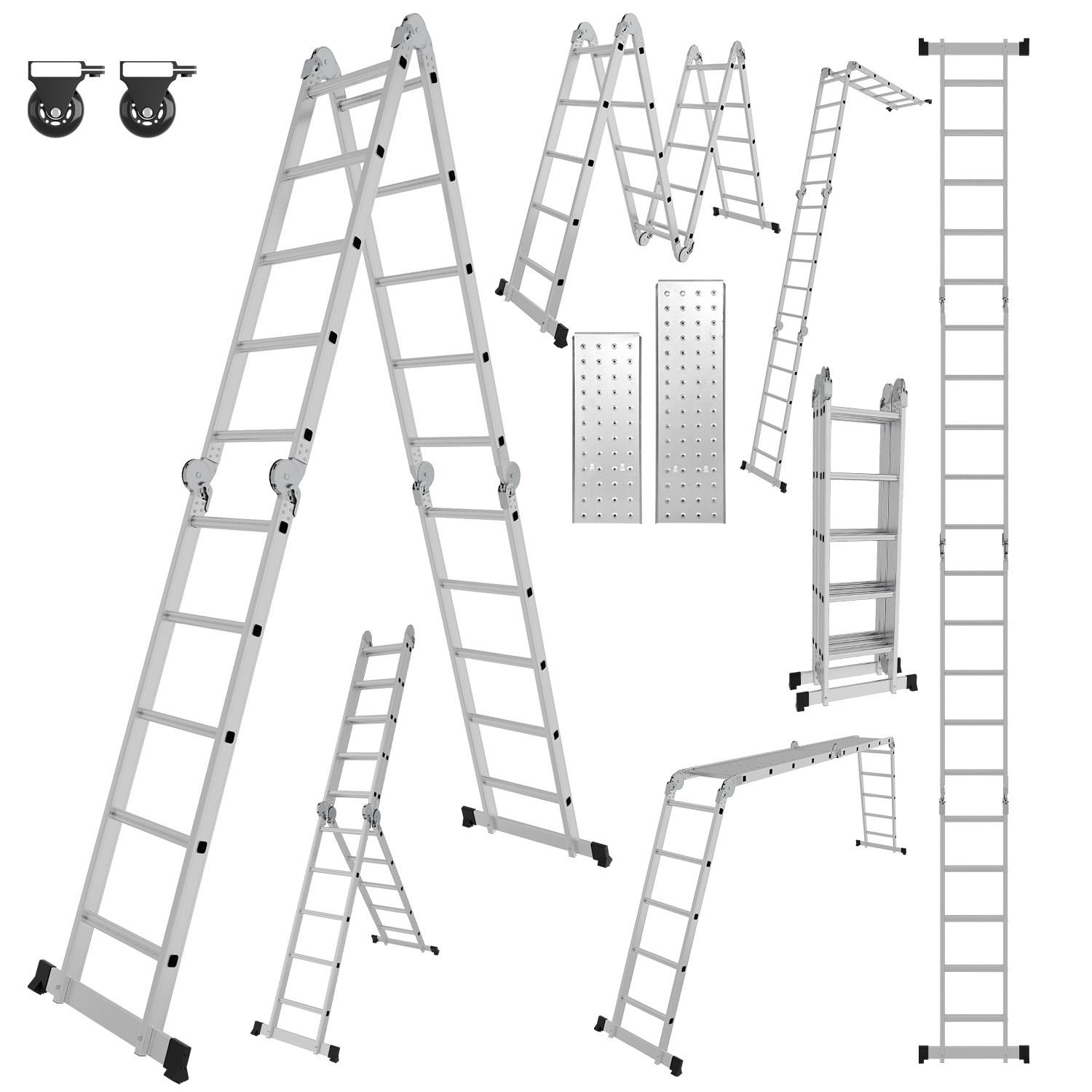 Jiubiaz 7in1 Alu Mehrzweckleiter 4x5 Stufen, Ca. 580cm / 5.8m, Gelenk- & Klappleiter Mit 2 Plattformen Und Transportrollen, Max. Belastbarkeit 150 Kg