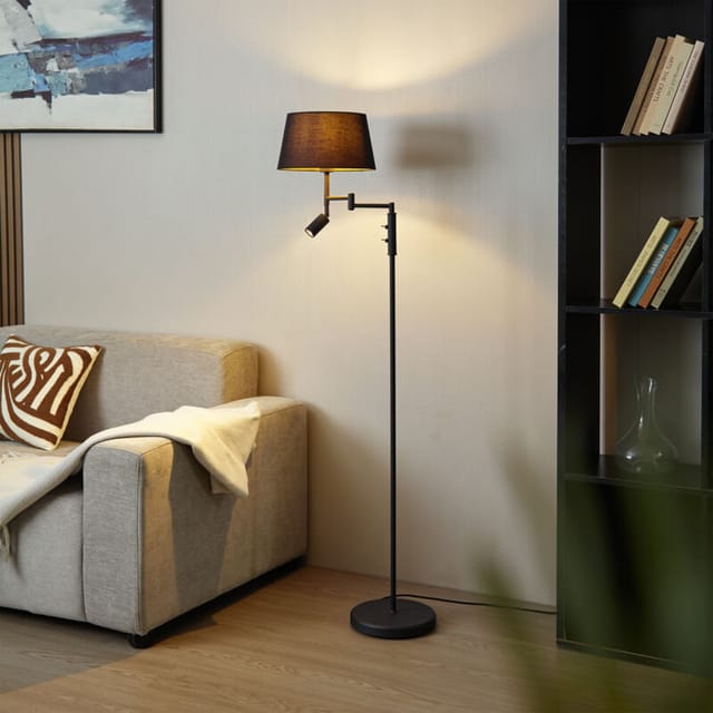 Schwarze Stehlampe mit schwarzem Schirm und verstellbarer Leselampe – Ladas