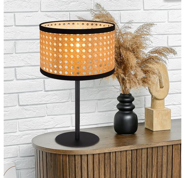 Tischleuchte Tischlampe rund Bambus-Optik, Wohnzimmerleuchte Nachttischleuchte rund, Fernbedienung dimmbar, 1x RGB LED 4,8W 470Lm warmweiß, H 40 cm