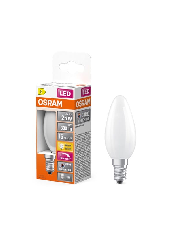 Osram - superstar+ classic p glfr 25 LED-Lampe, E14, Minikerzenform, 2,2W, 300lm, 2700K, warmweißes Licht, stark reduzierter Blauanteil, geringere