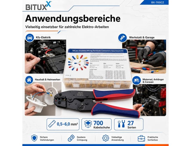 Bituxx Crimpzange im Set mit Kabelschuhen - 700 tlg. Kabelschuhzange Presszange