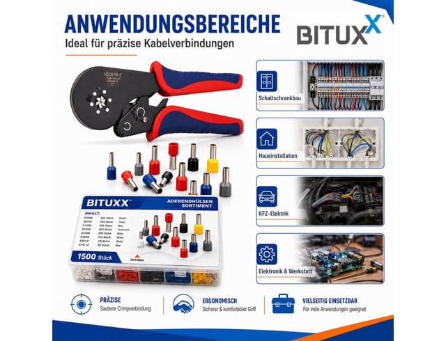 Crimpzange im Set mit Aderendhülsen 0,08-16mm² - 1500 tlg. Adernendhülsenzange Presszange - Bituxx