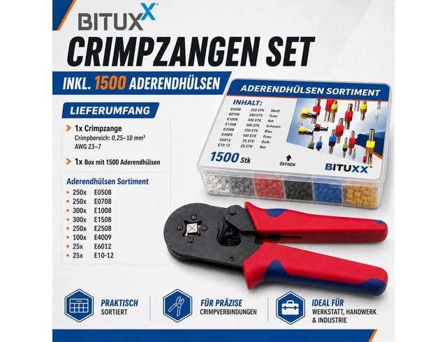 Crimpzange im Set mit Aderendhülsen 0,25-10mm² - 1500 tlg. Adernendhülsenzange Presszange - Bituxx