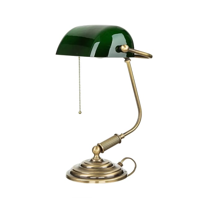 Licht-erlebnisse - Bankerlampe Messing massiv Glas 37,5 cm Zugpendel E27 Schreibtischleuchte