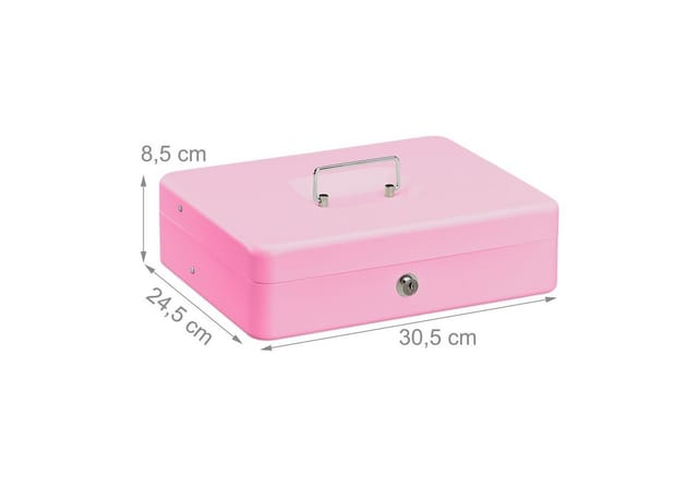 Relaxdays - Geldkassette abschließbar, Münzeinsatz & 4 Scheinfächer, Geldkasse Eisen, HxBxT: 8,5 x 30,5 x 24,5 cm, pink