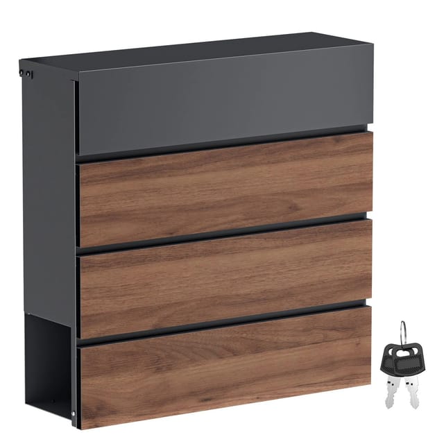 Toboli - Briefkasten V63 Anthrazit und Holzdesign 410 x 130 x 370 mm, Wandbriefkasten mit Schloss, Soft Close Klappe und Zeitungsfach, Postkasten aus