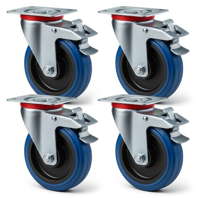 Wiltec - Lenkrollen Set 4x Transportrolle Ø100mm bis 150kg pro Rad mit Kunststoffrad, Bremse und Anbauplatte, leiser Lauf, Transportrollen