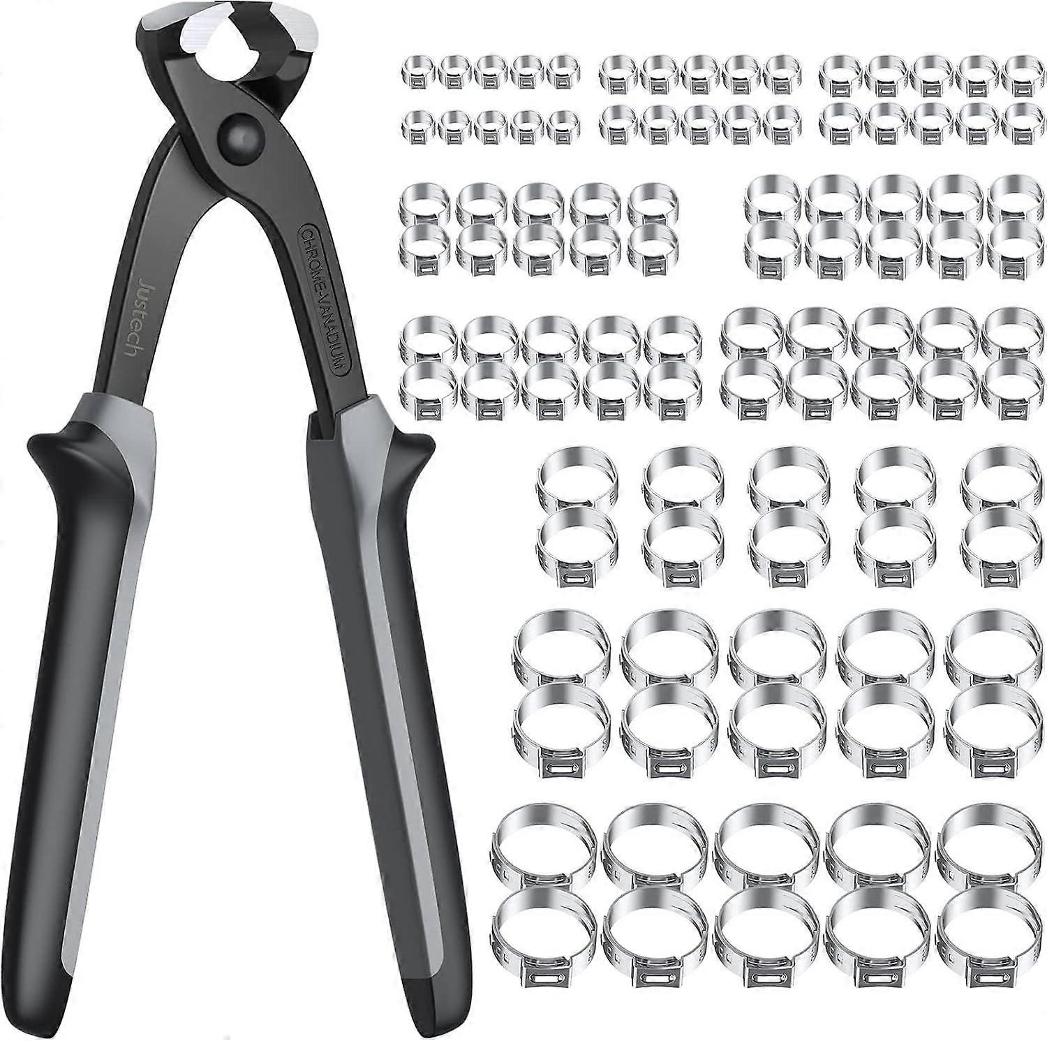Justech Schlauchschellen, 100 Stück, Schlauchschellen 58–21 Mm, 10 Größen, Austenitischem Edelstahl 304. Stufenlose Schlauchschelle Mit Einem Ohr Und Klemmring.