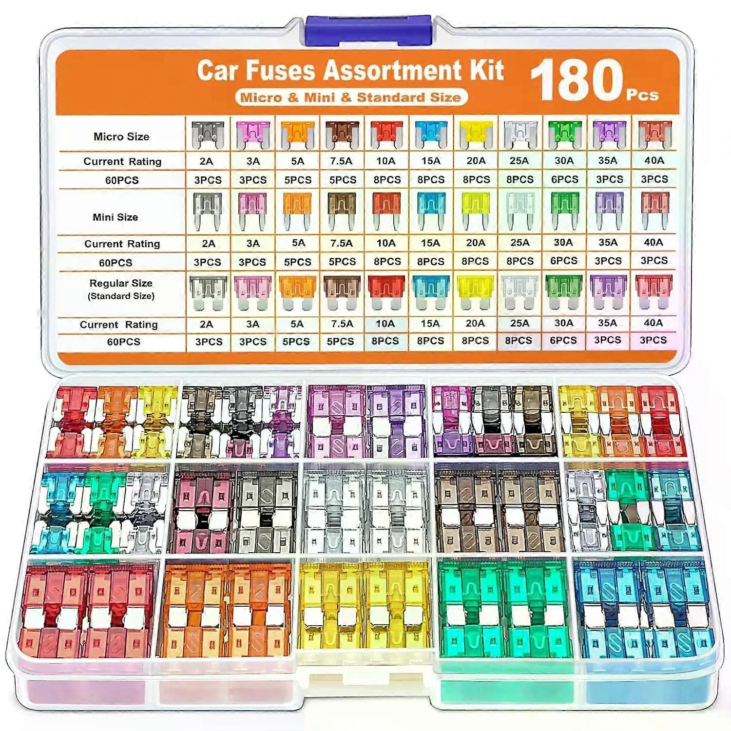 180-teiliges Kfz-sicherungs-sortiment (60 Mini-flachsicherungen + 60 Standard-kfz-sicherungen + 60 Mikro-sicherungen) + Sicherungszieher