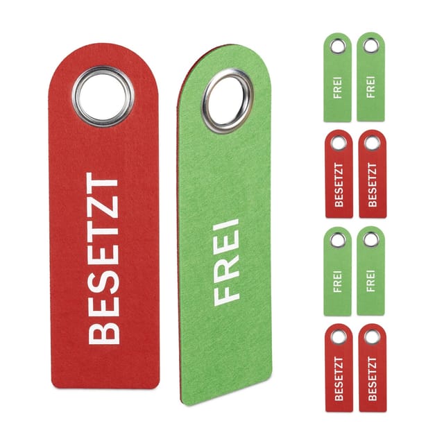 Relaxdays - Türschild 'Besetzt Frei', 10er Set, wc Schild zum Aufhängen, beidseitig, Bad & Büro, Filz Türhänger, rot/grün