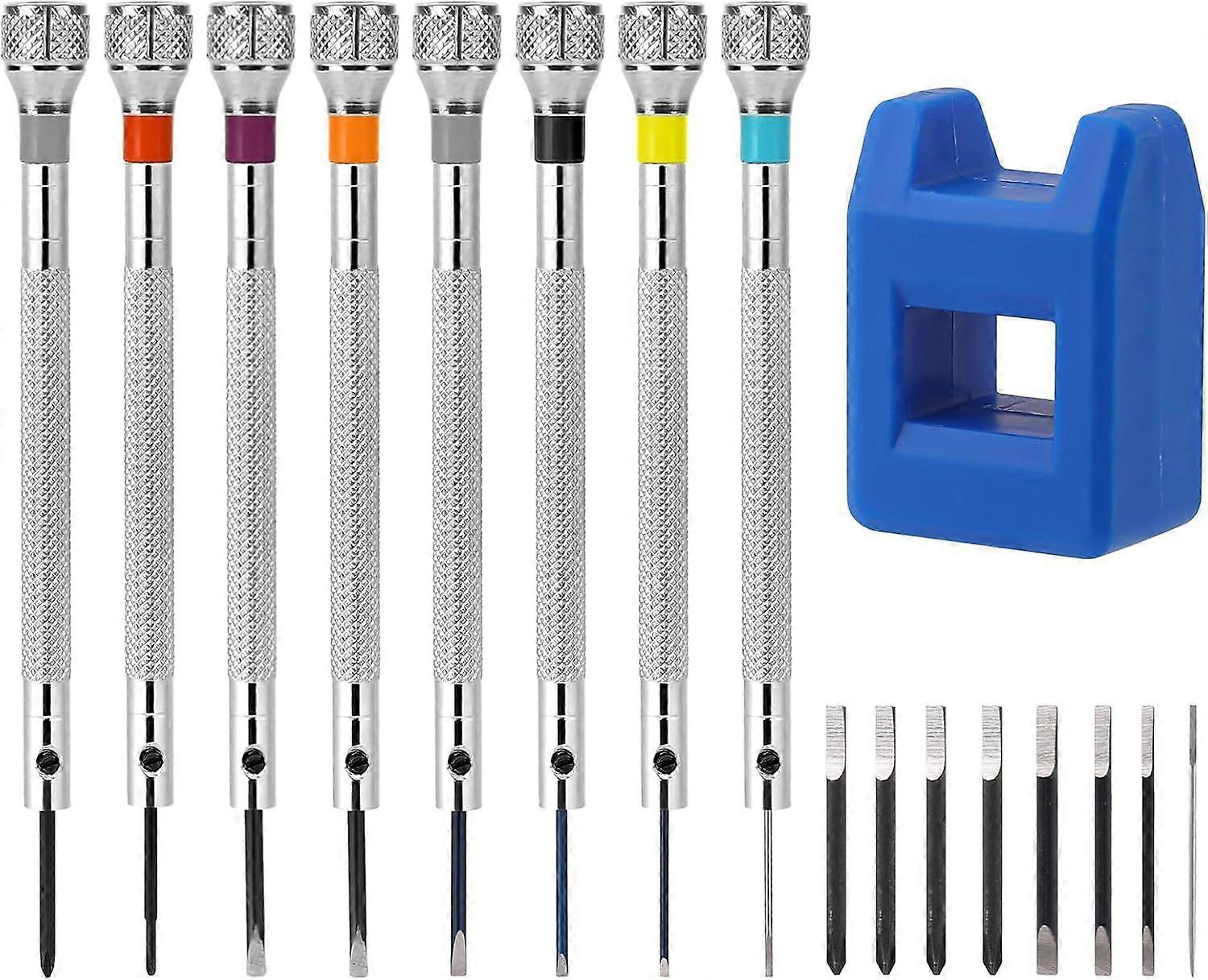 8-teiliges Uhrmacher-schraubendreher-set Mit Entmagnetisierer, 06–20 Mm Präzisionsschraubendreher-set Mit 8 Ersatzköpfen Für Uhren, Brillen Und Schmuck.