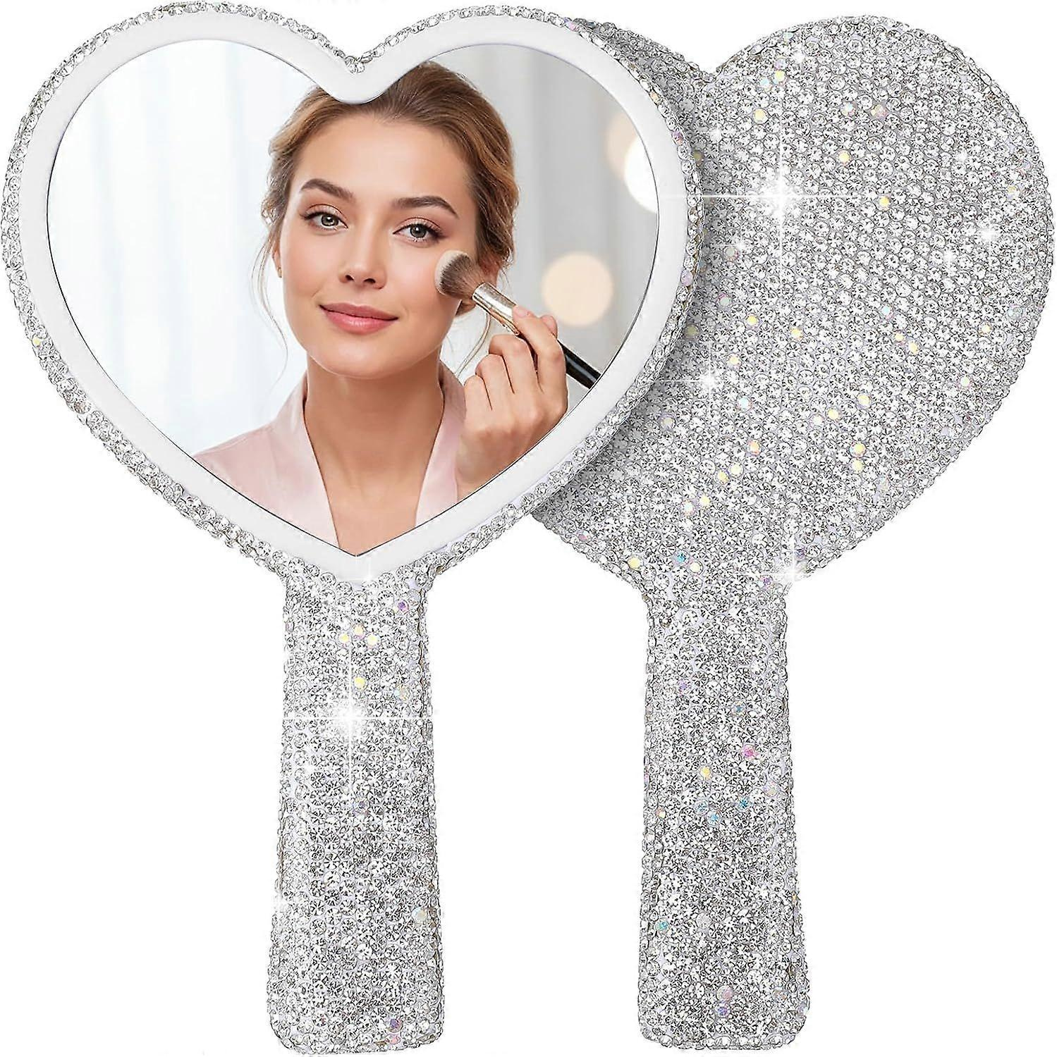 Mabor Strass-herzförmiger Handspiegel – Funkelnder Kosmetikspiegel Mit Griff, Tragbar Für Reisen, Hochzeiten Und Tägliches Make-up, Silber
