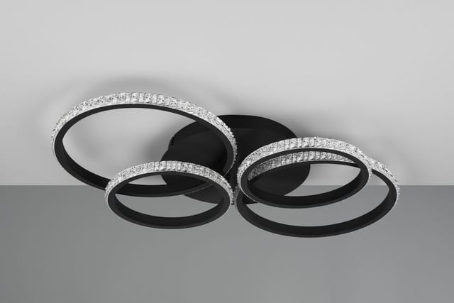 LED Deckenleuchte CIRES dimmbar, Kristall Ringe schwenkbar, Schwarz, Breite 65cm