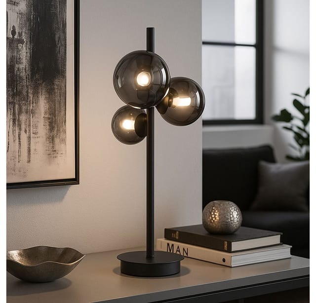 Fischer&honsel - led Tischleuchte bala Schwarz mit 3 Rauchglas Kugeln, Höhe 48cm