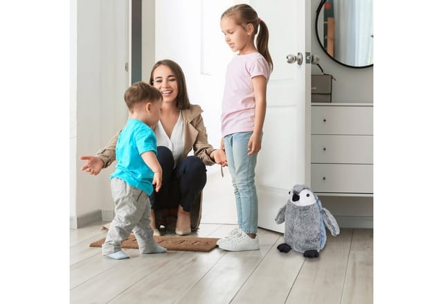 Relaxdays - Türstopper Pinguin, Stoff mit Sandfüllung, Türpuffer Boden, Deko Türsack Kinder, HxBxT: 25x24x17 cm, grau/blau