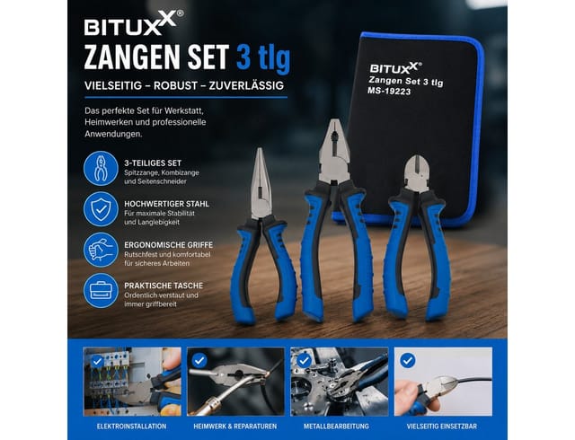 Bituxx - Zangen Set 3 tlg. Zangen Satz Spitzzange Kneifzange Kombizange Seitenschneider