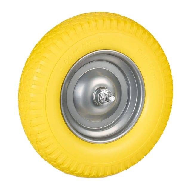 Relaxdays Schubkarrenrad 4.00-8, Vollgummi mit Achse, Ersatzrad Schubkarre, pannensicher, Traglast 100 kg, gelb/grau